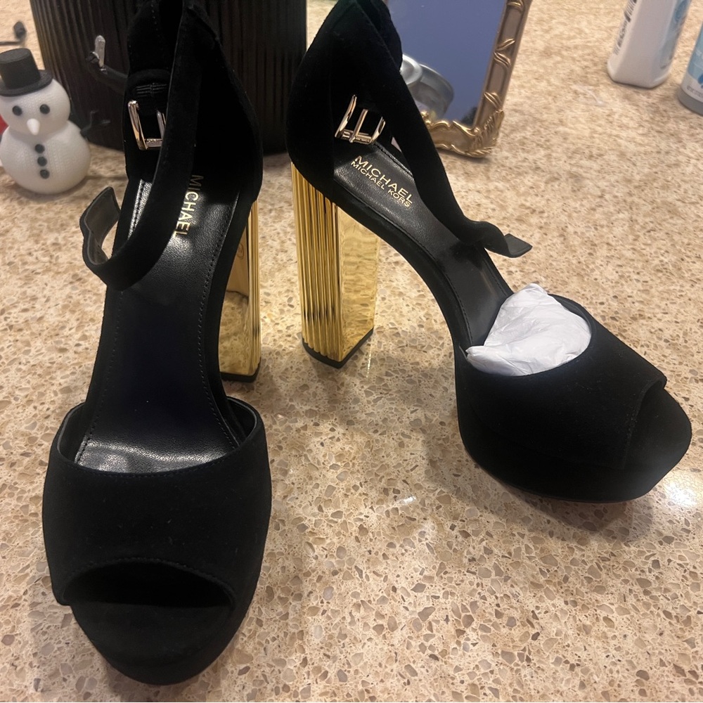 Michael Kors Black Velvet Heels with Gold Block Heel